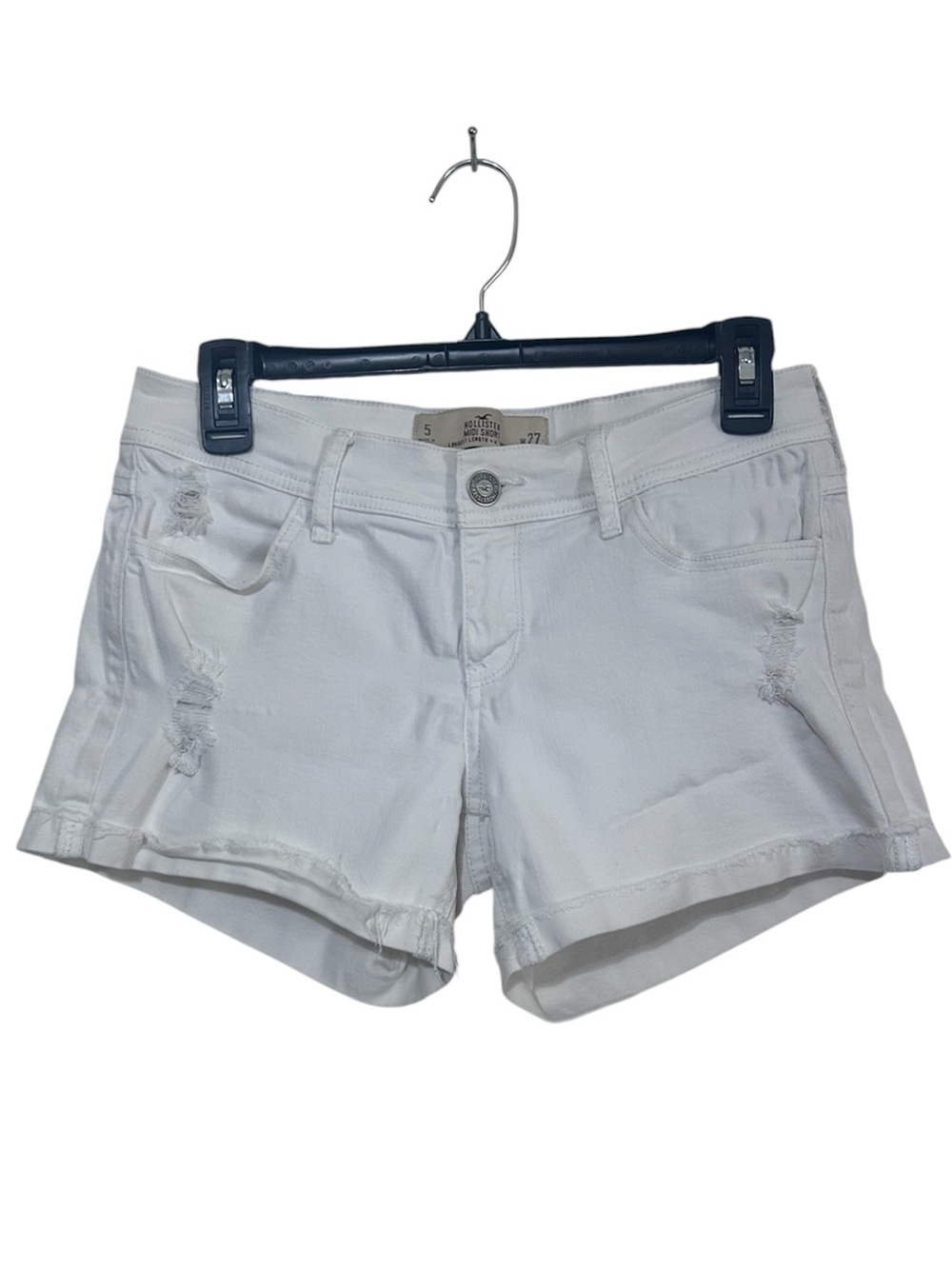 Hollister Women's White Distressed Midi Denim Shorts Frayed Hem Size 5 W27